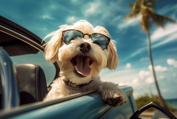 Perro bichón maltés, con gafas de sol asomando contento por la ventanilla del coche